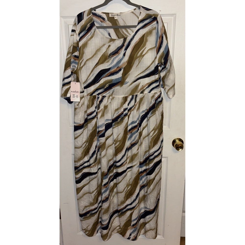 NWT $92 Helen's Heart M Boxy Midi Dress Lagenlook Brushstroke Cotton Pockets